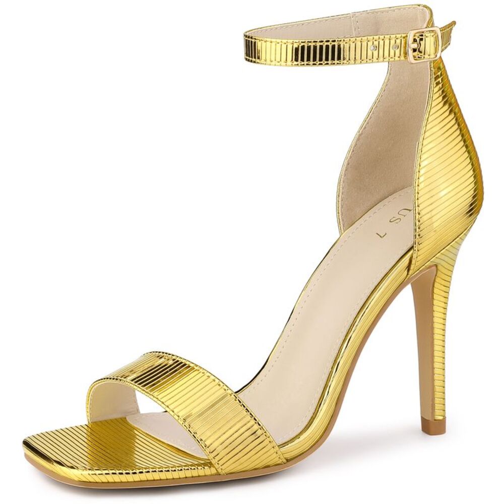 Women's Square Open Toe Metallic Buckle Ankle Strap Stiletto Heel Sandals Gold